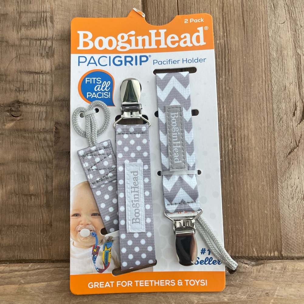 NWT: BooginHead - Gray & White Pacifier Holder - 2 Pack